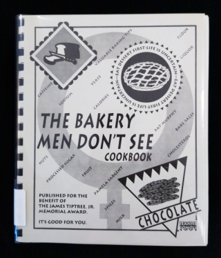 Black and white cover of The Bakery Men Don’t See cookbook with illustrations of bread and pie