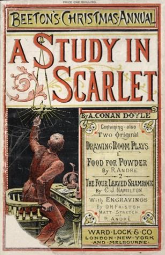 Magazine with title A Study in Scarlet and credit reading By A. Conan Doyle containing two original drawing room plays and pulblisher details Ward Lock and Co London New York and Melbourne