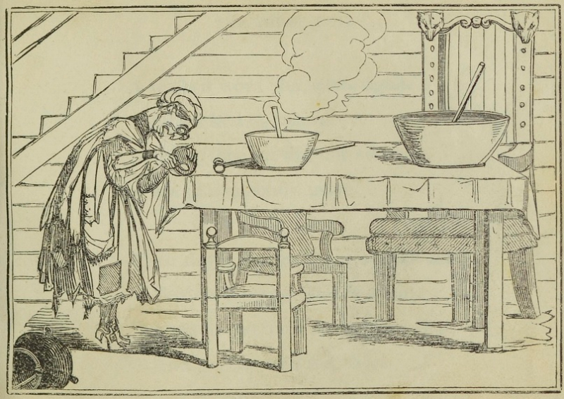 Illustration of old woman eating the bears' porridge