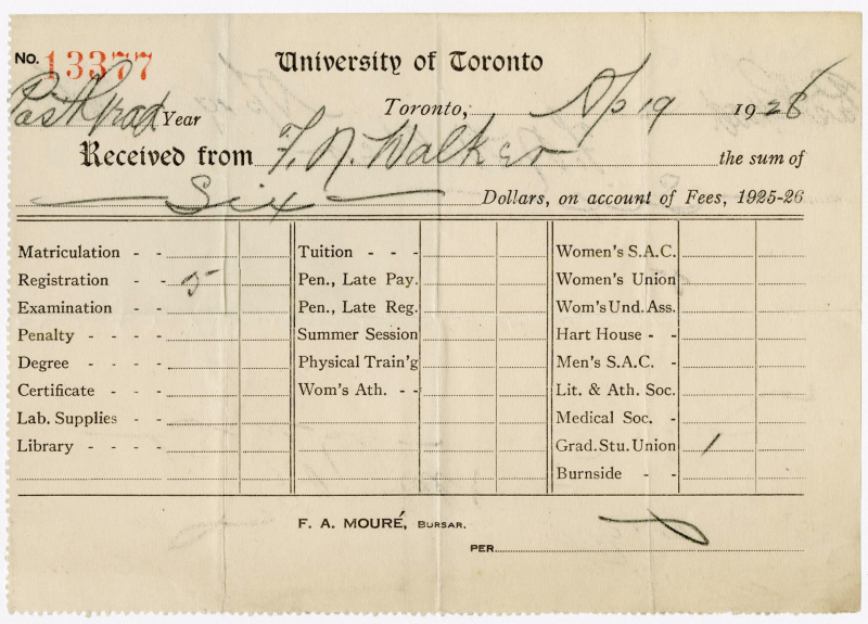 U of T November 19  1928 Tuition Receipt with columns of different potential fees such as Matriculation registration examination and penalty