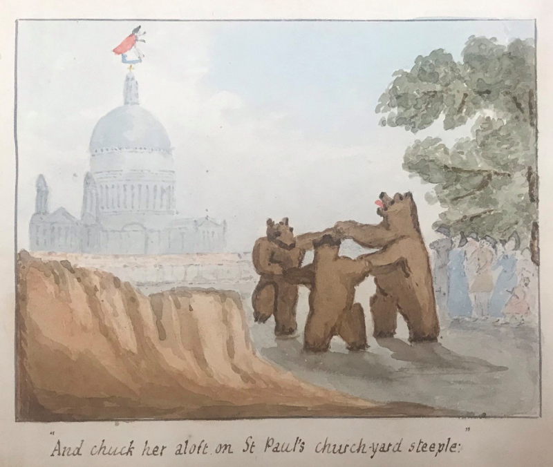 Illustration of The Three Bears dancing with St. Paul's Cathedral and the Old Woman in the background. Caption reads "And chucj her aloft on St Paul's church-yard steeple."