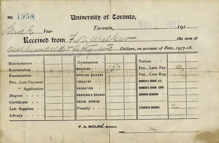 1917 University of Toronto Tuition receipt with columns of potential fees with the medicine and students council columns filled in