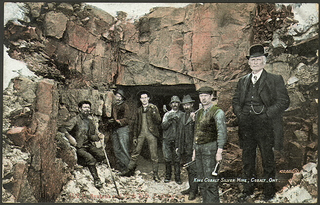 King Cobalt Silver Mine Ontario written on coloured postcard showing miners in front of mine