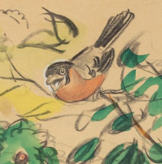 A drawing of a robin where grey paint has been applied to correct the shape of the head. The grey paint stands out from the yellow paper. 