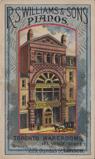 Colour illustration shows a storefront with multiple stories and large glass windows on the first and second floors. A carriage sits outfront and people look into the windows.