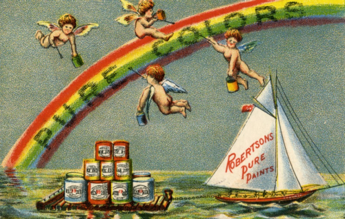 Four cherubs paint a rainbow which reads Pure Colors. A sailboat below has the name Robertsons Pure Paints
