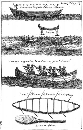 Illustrations of large canoes being paddled or portaged with text in French