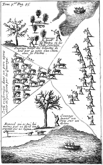 Illustration of hunters with bow and animals alongside large group of animals and text in French