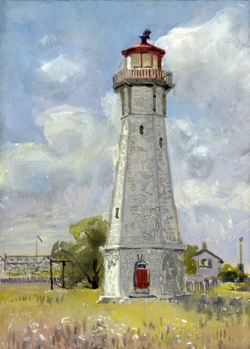 Painting of stone lighthouse on sunny day Painting of stone lighthouse on sunny day