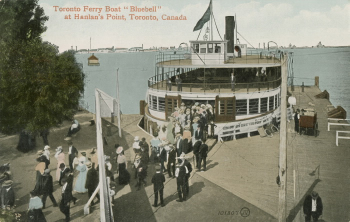 Illustrated postcard showing large group getting off ferry and the words Toronto Ferry Boat Bluebell at Hanlan's Point Toronto Canada