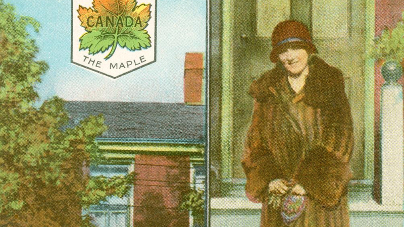 Collage of illustrations showing top of house and maple leaf emblem next to woman standing in front of house door