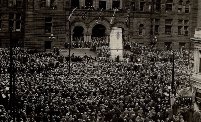 Crowd packed in front of stairs to old City Hall in Toronto