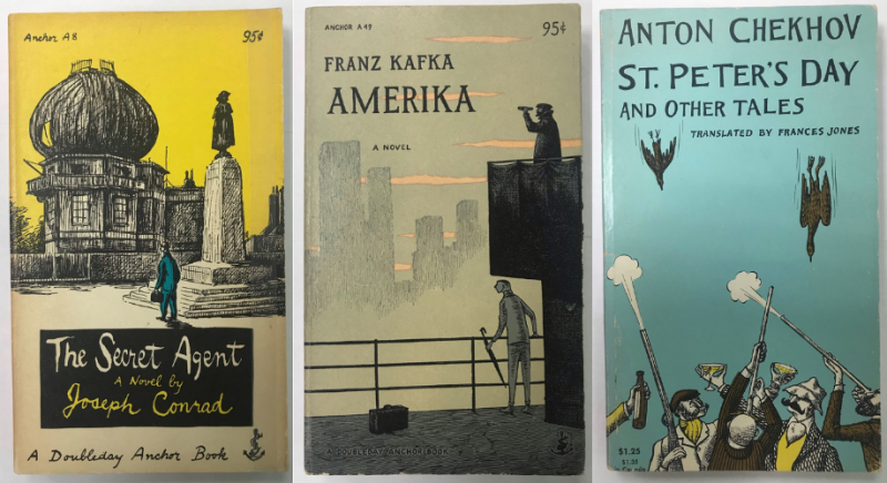 Covers of The Secret Agent by Joseph Conrad, Amerika by Franz Kafka and St. Peter’s Day and Other Tales designed by Edward Gorey. 