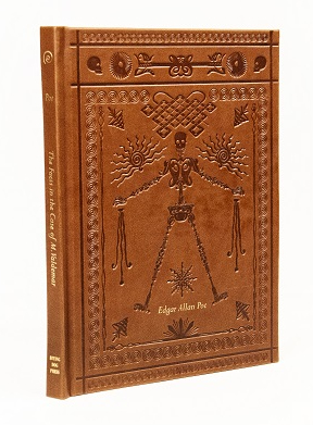 Leather-bound cover of The Facts in the Case of M. Valdemar with stamped illustration of skeleton.