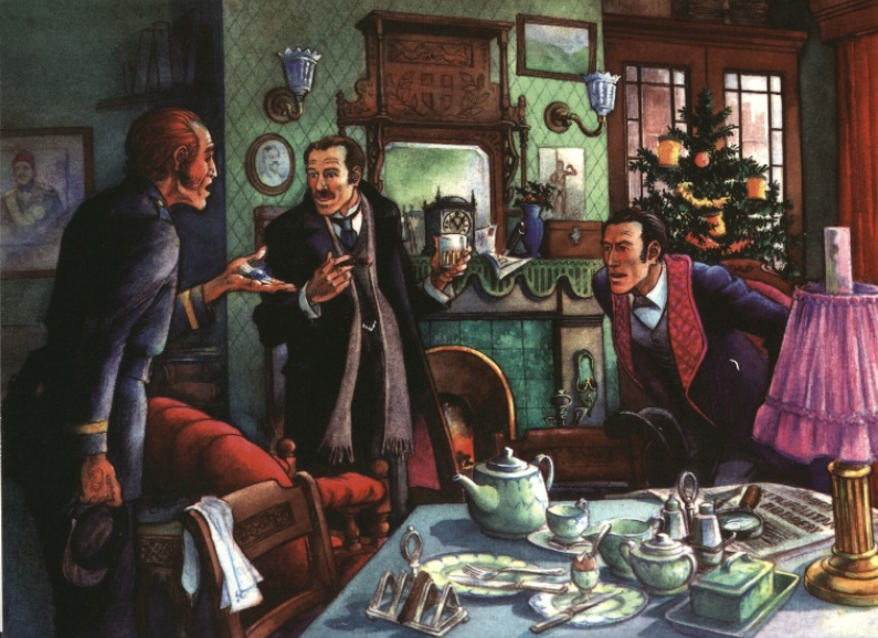 Illustration of Sherlock Holmes and two other figures in a living room with Christmas tree in background