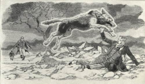 Illustration of wintry scene and wolf like animal attacking a figure as two other figures rush toward the scene