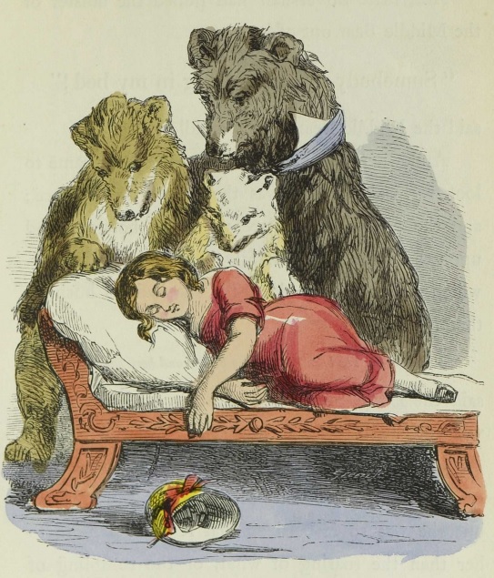 Illustration of The Three Bears discovering Silver-Hair sleeping