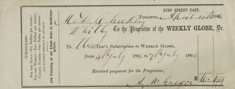 1866 Weekly Globe subscriptionslip with terms in small print and lines for customer to enter in information