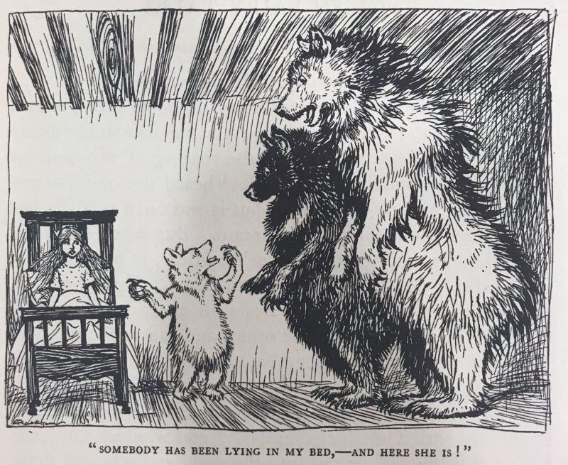 Illustration of the Three Bears confronting Goldilocks. Caption reads "somebody has been lying in my bed and here she is!"