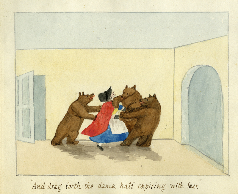 Illustration of the Old Woman being dragged by the Three Bears. Caption reads "And drag forth the dame, half expiring with fear."