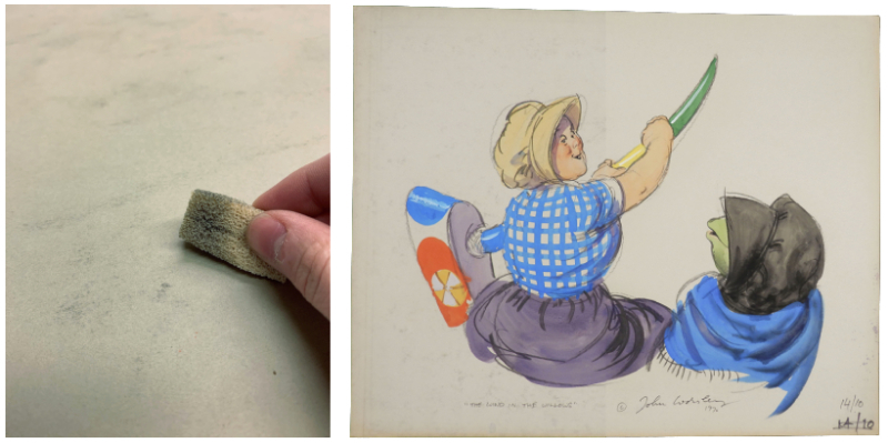 Two images, one of close up of sponge rubbing on paper with dark media and a drawing showing clean right side and black smudges on left side of drawing of woman with tool and toad