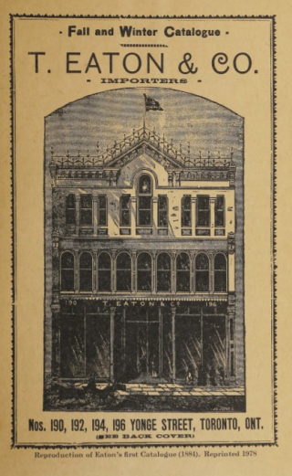 Cover of Eatons 1884 Catalogue showign illustration of Toronto storefront