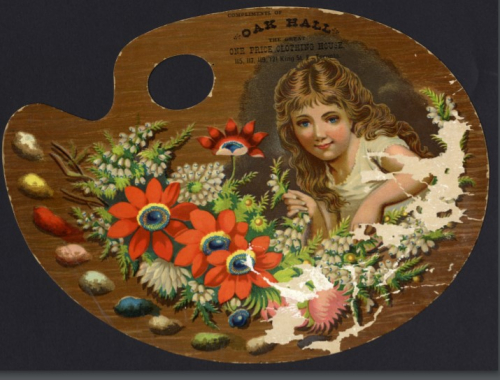 Trade card in the shape of a painters palette with an image of a young girl and flowers