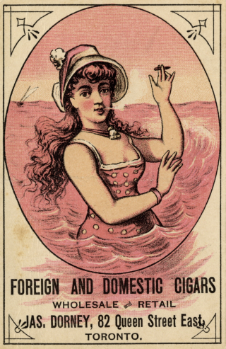 Trade card with young woman wearing a hat up to her waist in water smoking a small cigar