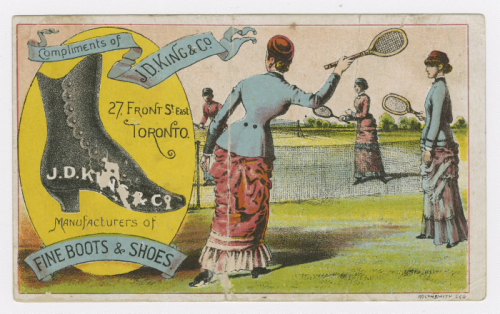 Full colour trade card with illustration of large women's boot and four women playing tennis