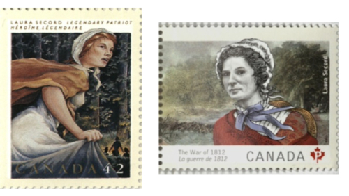 Stamps side by side showing Laura Secord in wooded area with one reading Canada 42 and the other reading The war of 1812