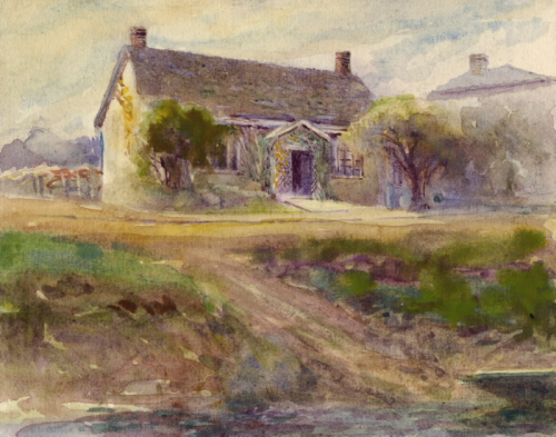 Colourful painting of house  and dirt roads