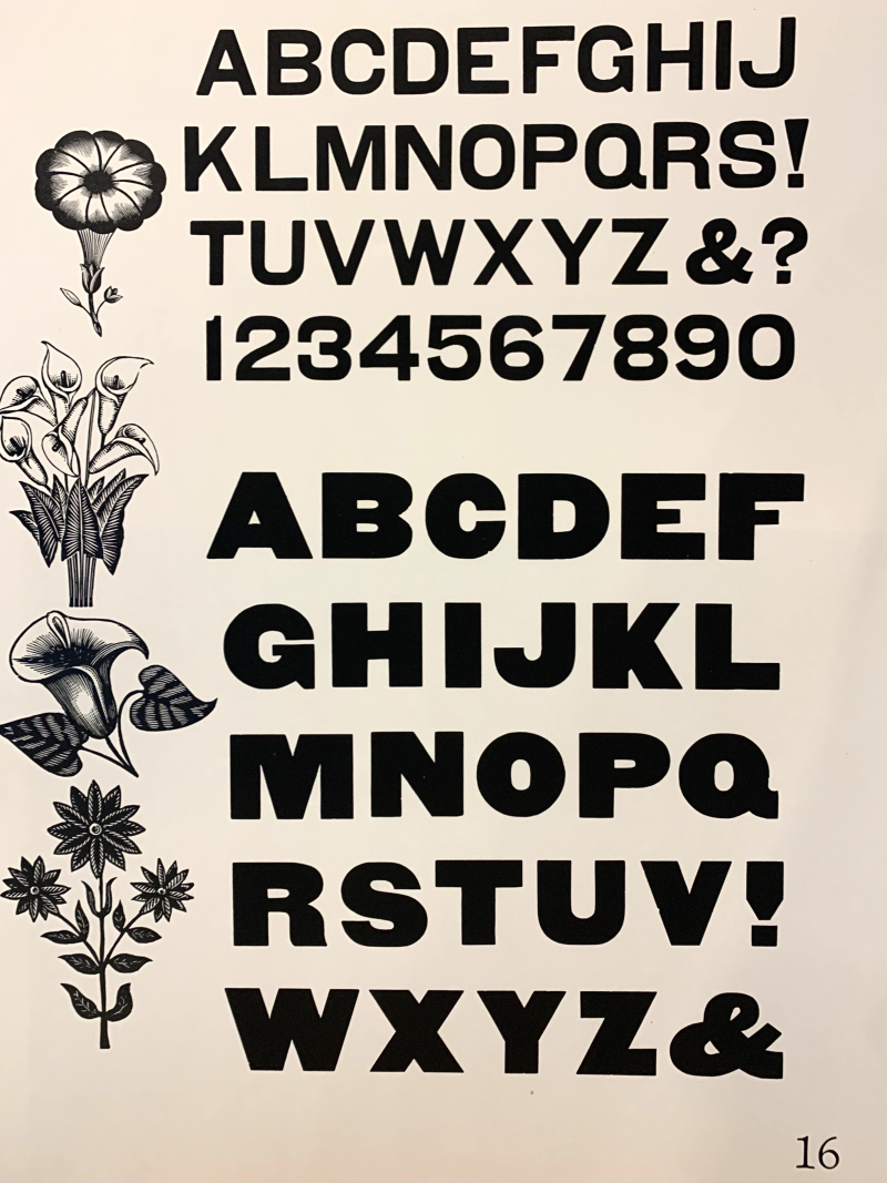 Wood type specimen of a sans serif upper case alphabet with floral ornaments