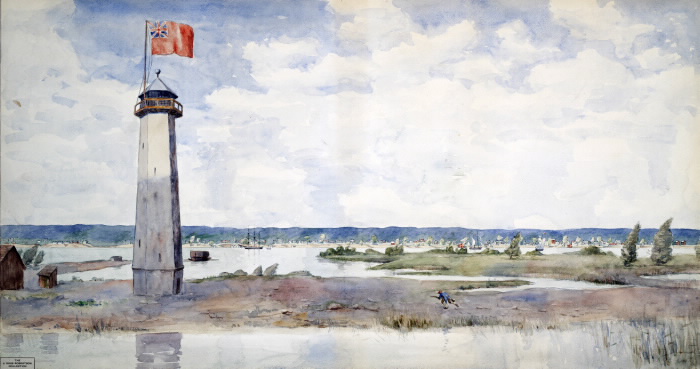 Painting of point lighthouse with large flag featuring union jack Painting of point lighthouse with large flag featuring union jack