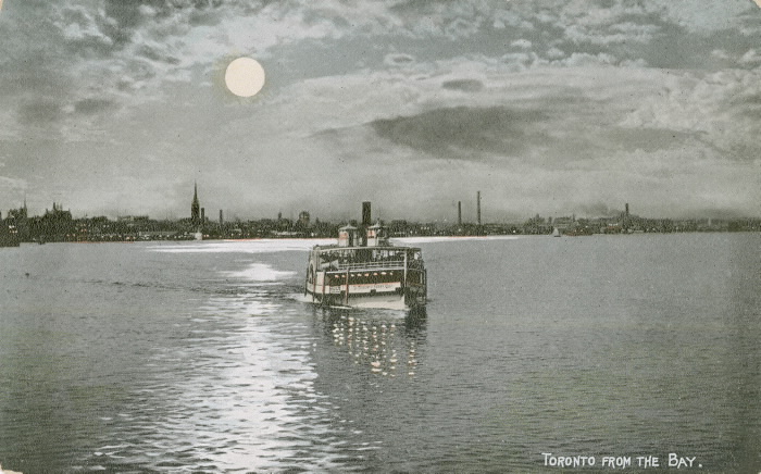 Painting of ferry with moon in background at night with words Toronto from the Bay