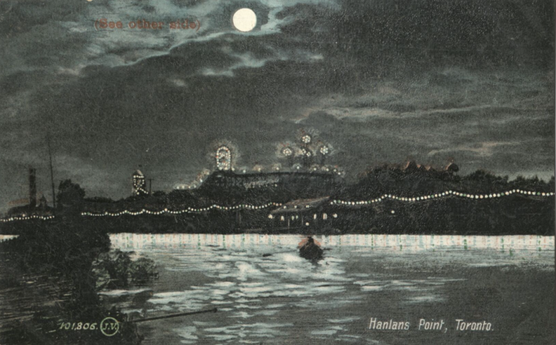 Postcard of string lights on coast and words reading Hanlans Point Toronto