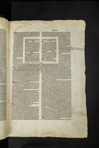 Opened page of book with small text arranged in columns with some decorative letters at the start of sections