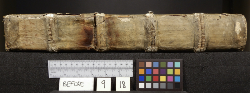 Spine of book with many tears and measurement instruments below and paper reading Before