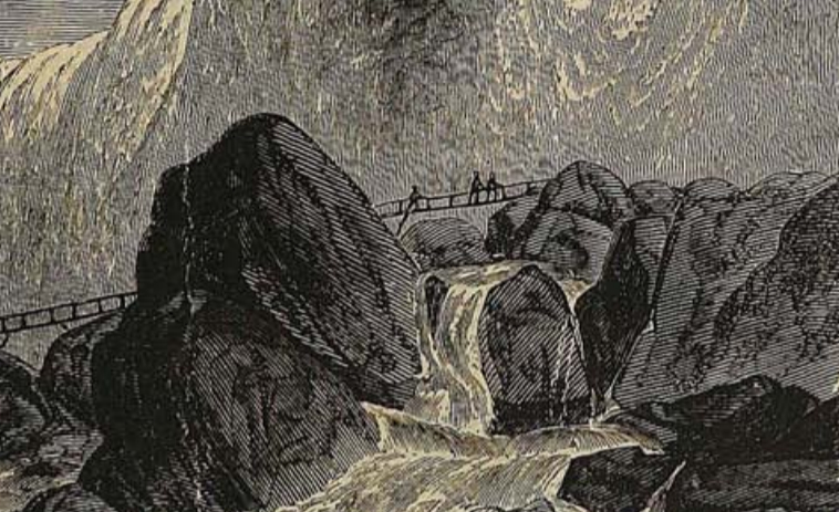 Illustration of figures on small bridge over waterfall and rocks