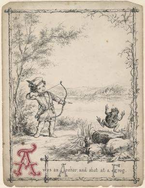 Page from An Illustrated Comic Alphabet (1859) with text "A was an an Archer, and shot at a Frog" and accompanying illustration