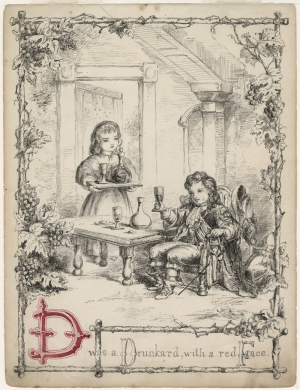Page from An Illustrated Comic Alphabet (1859) with text "D was a Drunkard, with a red Face" and accompanying illustration