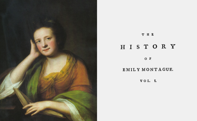 Side by side images of painting of woman with book open and sparse title page for The History of Emily Montague 