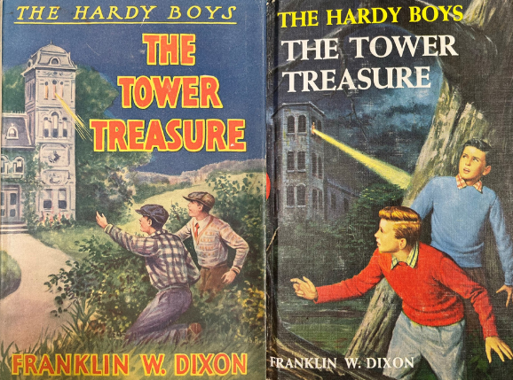 Two covers of The Tower Treasure by Franklin W. Dixon with different cover illustrations