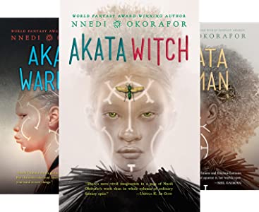 Covers of books in The Nsibidi Scripts series: three books, each featuring an illustration of a Nigerian woman with albinism.