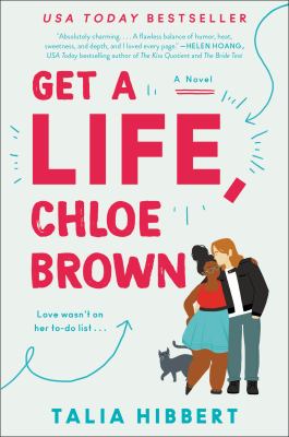 Cover of Get a Life Chloe Brown: cartoon illustration of an interracial couple in an affectionate embrace, watched by a grey cat.