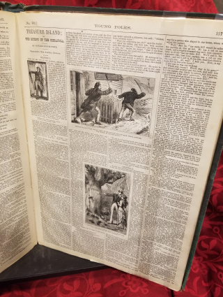 Treasure Island in Young Folks Magazine. Inner page of large tabloid format magazine with fine print and black-and-white illustrations.