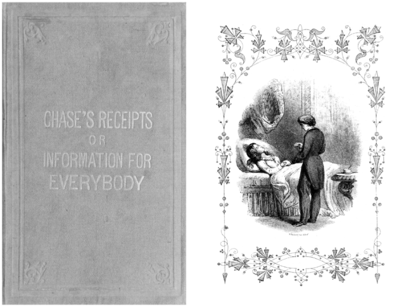 Two side by side images one with simple book cover titled Chase's Receipts or Information for Everybody and the page on the right showing decorative frame around illustration of man treating woman in bed