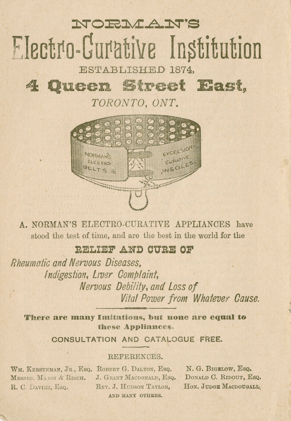 Vintage page titled Norman's Electro-Curative Institution with information about the health appliances and an image of a branded belt