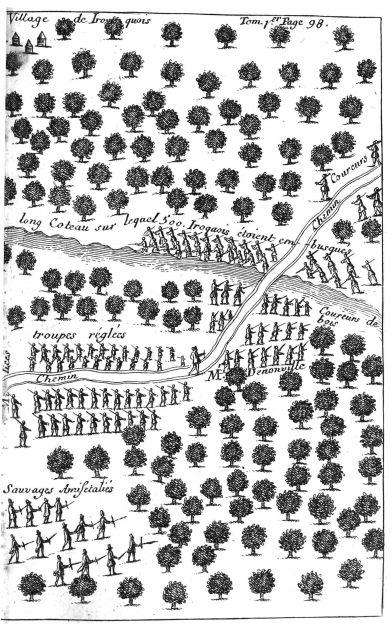 Illustration with French text showing troops walking through trees from above
