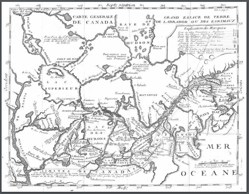 Large detailed vintage map with French text showing the Great Lakes region and the area north of them