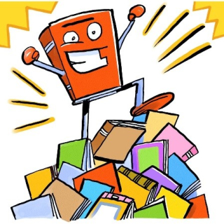 Cartoon illustration of a book wearing boxing gloves, standing atop a pile of books